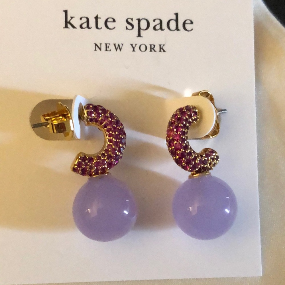 Kate Spade Showtime Huggie Hoop Earrings With Red Crystal & Purple Bead NWT - Picture 14 of 14